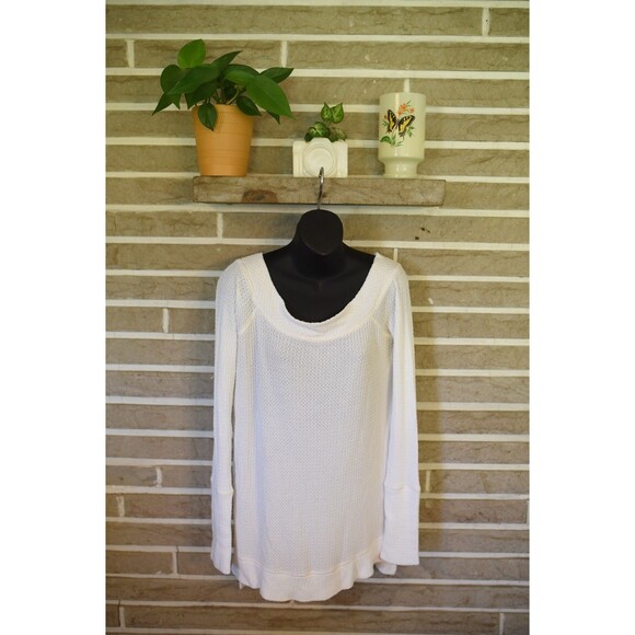 We The Free Free People waffle Off-Shoulder Thermal Tunic Top Ivory White Sz M - Picture 2 of 6